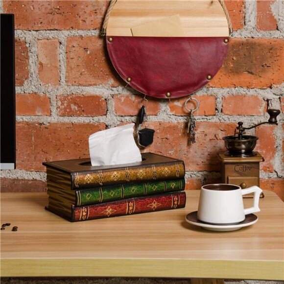Crafted Classical Retro Wooden Antique Book Tissue Box Cover Rectangular Tissue - Picture 2 of 7